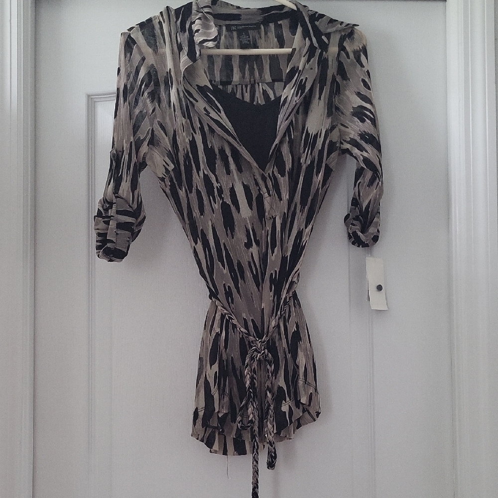 INC International Concepts Leopard Print Tie Front Blouse 3/4 Button - S